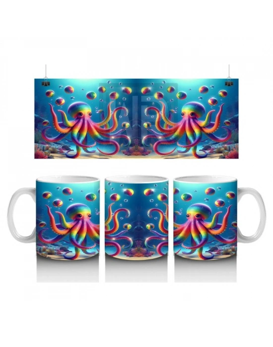 Çocuklara Sütü Sevdiren Renkli Ahtapot ve Baloncuklar Desenli Kupa Bardak