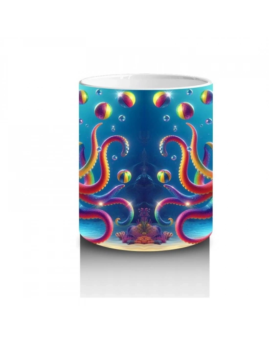 Çocuklara Sütü Sevdiren Renkli Ahtapot ve Baloncuklar Desenli Kupa Bardak