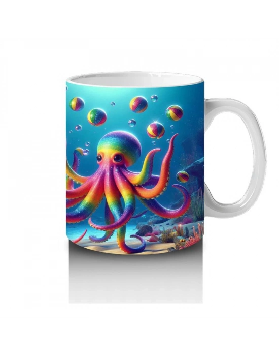 Çocuklara Sütü Sevdiren Renkli Ahtapot ve Baloncuklar Desenli Kupa Bardak