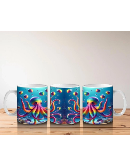 Çocuklara Sütü Sevdiren Renkli Ahtapot ve Baloncuklar Desenli Kupa Bardak