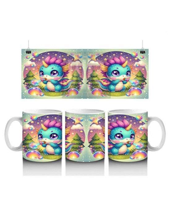 Çocuklara Sütü Sevdiren Renkli Baloncuklu Sevimli Ejderha Desenli Kupa Bardak