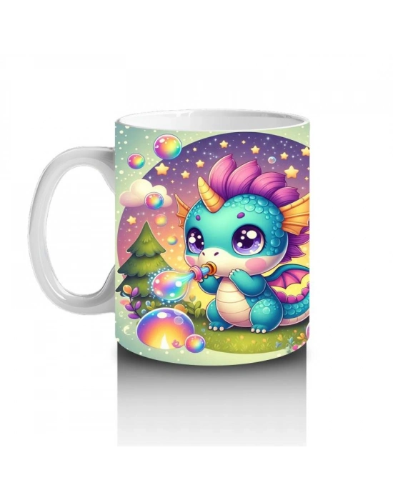 Çocuklara Sütü Sevdiren Renkli Baloncuklu Sevimli Ejderha Desenli Kupa Bardak