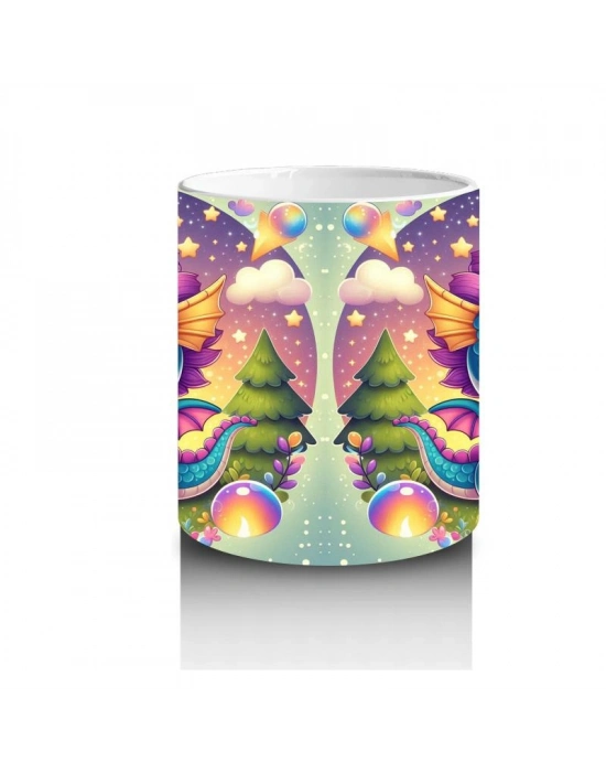 Çocuklara Sütü Sevdiren Renkli Baloncuklu Sevimli Ejderha Desenli Kupa Bardak