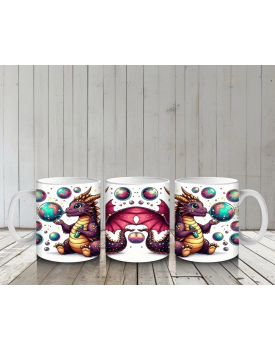 Çocuklara Sütü Sevdiren Renkli Baloncuklu Sevimli Ejderha Desenli Kupa Bardak