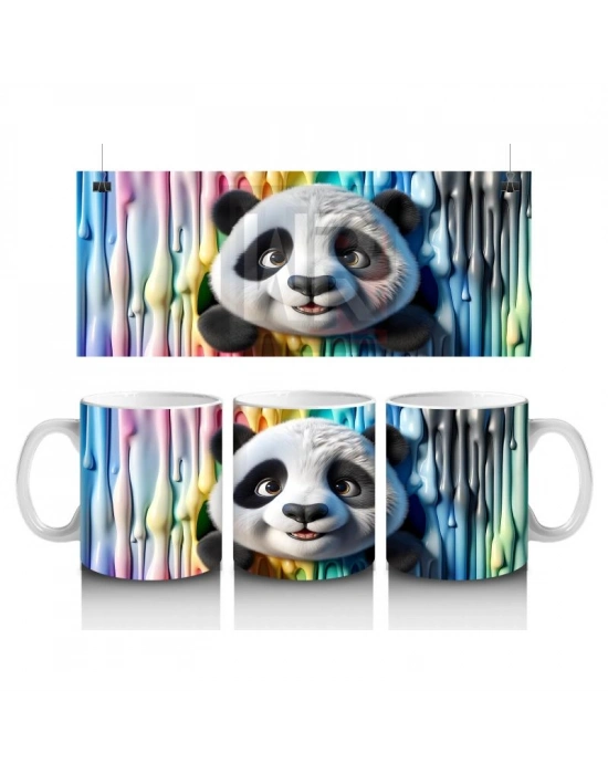 Çocuklara Sütü Sevdiren Renkli Boya Dalgaları Arasında Meraklı Panda Kupa Bardak