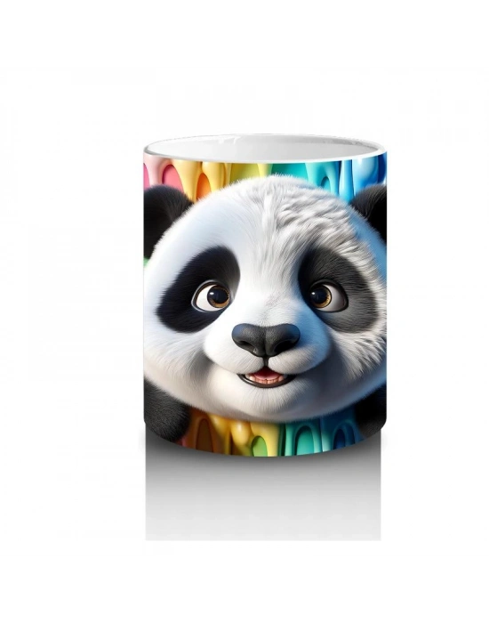 Çocuklara Sütü Sevdiren Renkli Boya Dalgaları Arasında Meraklı Panda Kupa Bardak