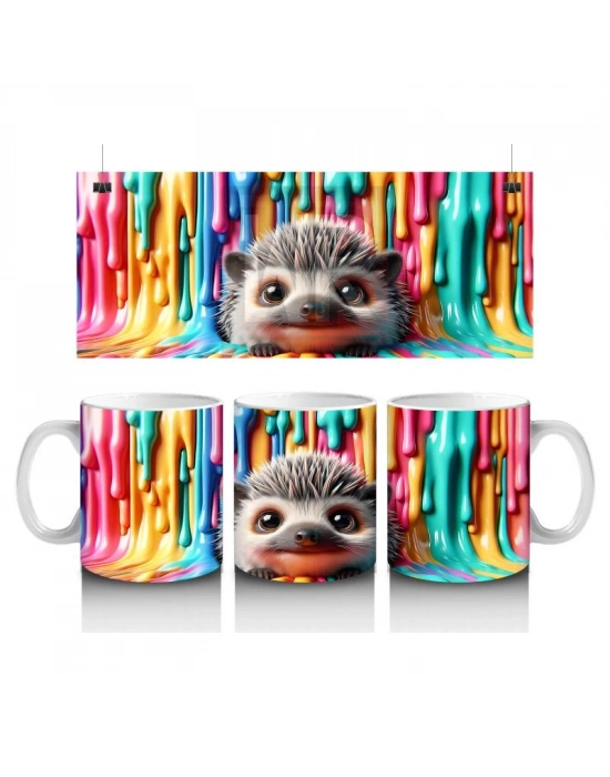 Çocuklara Sütü Sevdiren Renkli Boya Dalgaları Arasında Neşeli Kirpi Kupa Bardak