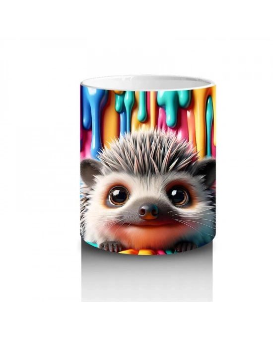 Çocuklara Sütü Sevdiren Renkli Boya Dalgaları Arasında Neşeli Kirpi Kupa Bardak