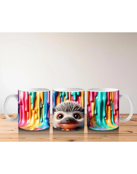 Çocuklara Sütü Sevdiren Renkli Boya Dalgaları Arasında Neşeli Kirpi Kupa Bardak