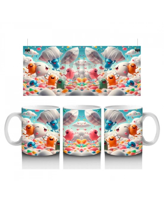 Çocuklara Sütü Sevdiren Renkli Bulutlar ve Neşeli Canavarlar Desenli Kupa Bardak