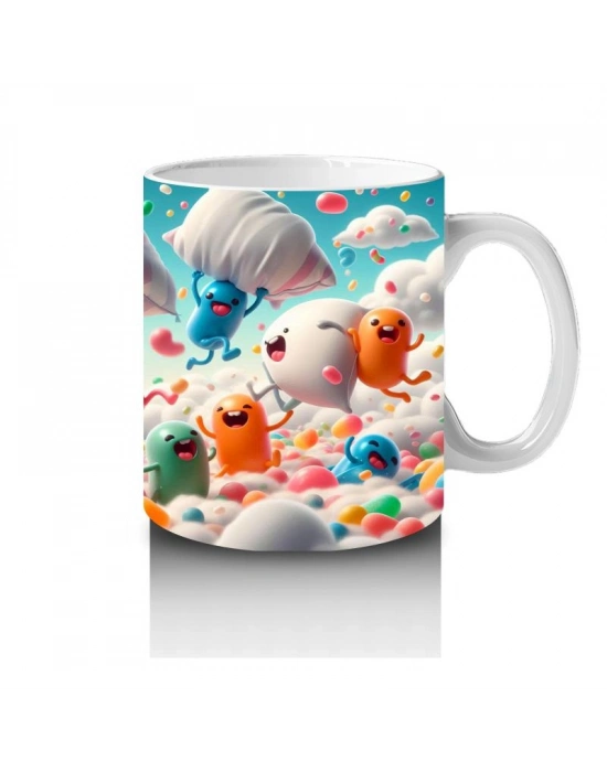 Çocuklara Sütü Sevdiren Renkli Bulutlar ve Neşeli Canavarlar Desenli Kupa Bardak