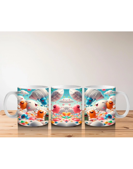 Çocuklara Sütü Sevdiren Renkli Bulutlar ve Neşeli Canavarlar Desenli Kupa Bardak