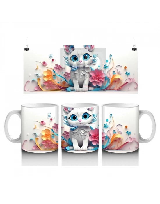 Çocuklara Sütü Sevdiren Renkli Çiçekli Sevimli Kedi Desenli Kupa Bardak