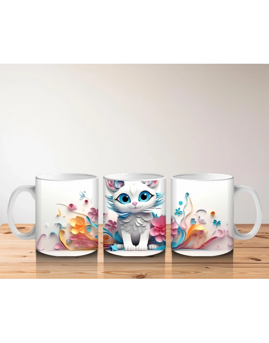 Çocuklara Sütü Sevdiren Renkli Çiçekli Sevimli Kedi Desenli Kupa Bardak