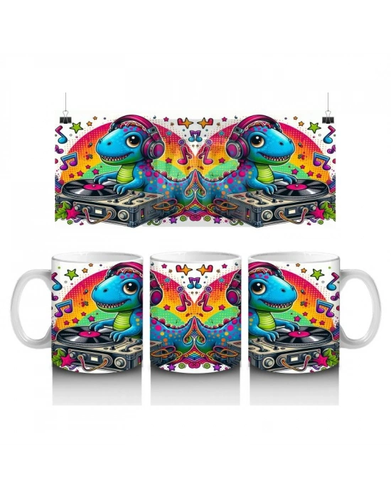 Çocuklara Sütü Sevdiren Renkli DJ Dinozor Desenli Kupa Bardak