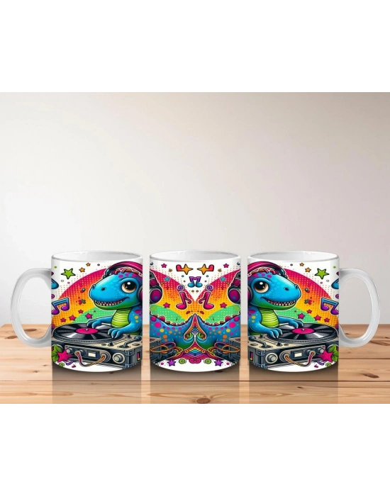 Çocuklara Sütü Sevdiren Renkli DJ Dinozor Desenli Kupa Bardak