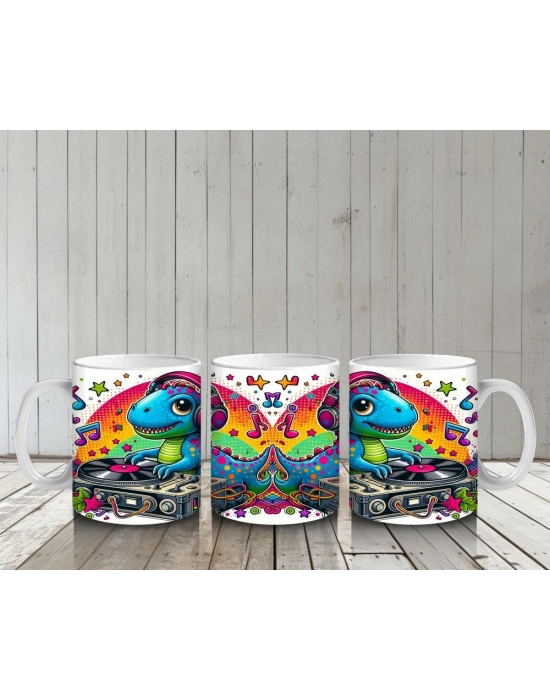 Çocuklara Sütü Sevdiren Renkli DJ Dinozor Desenli Kupa Bardak