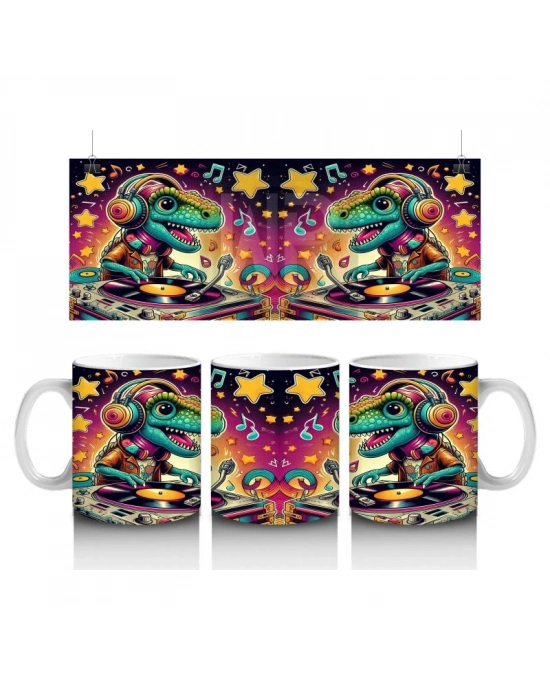 Çocuklara Sütü Sevdiren Renkli DJ Dinozor ve Yıldızlı Müzik Gecesi Desenli Kupa Bardak