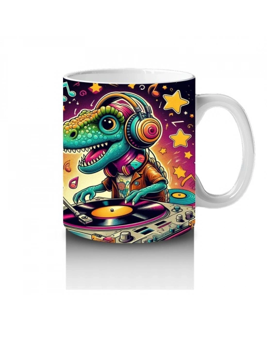 Çocuklara Sütü Sevdiren Renkli DJ Dinozor ve Yıldızlı Müzik Gecesi Desenli Kupa Bardak