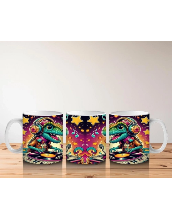 Çocuklara Sütü Sevdiren Renkli DJ Dinozor ve Yıldızlı Müzik Gecesi Desenli Kupa Bardak