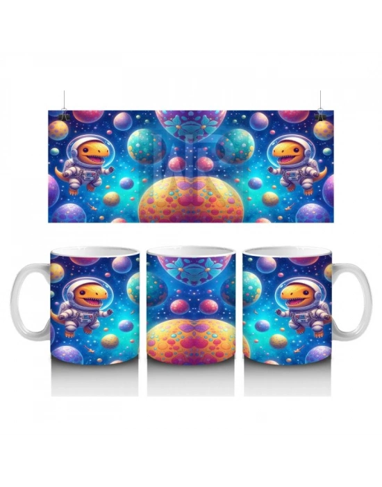 Çocuklara Sütü Sevdiren Renkli Gezegenler Arasında Yüzen Astronot Dinozor Desenli Kupa Bardak
