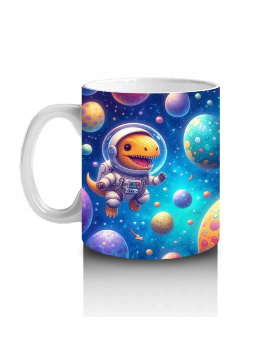 Çocuklara Sütü Sevdiren Renkli Gezegenler Arasında Yüzen Astronot Dinozor Desenli Kupa Bardak