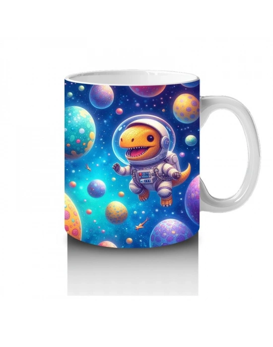 Çocuklara Sütü Sevdiren Renkli Gezegenler Arasında Yüzen Astronot Dinozor Desenli Kupa Bardak