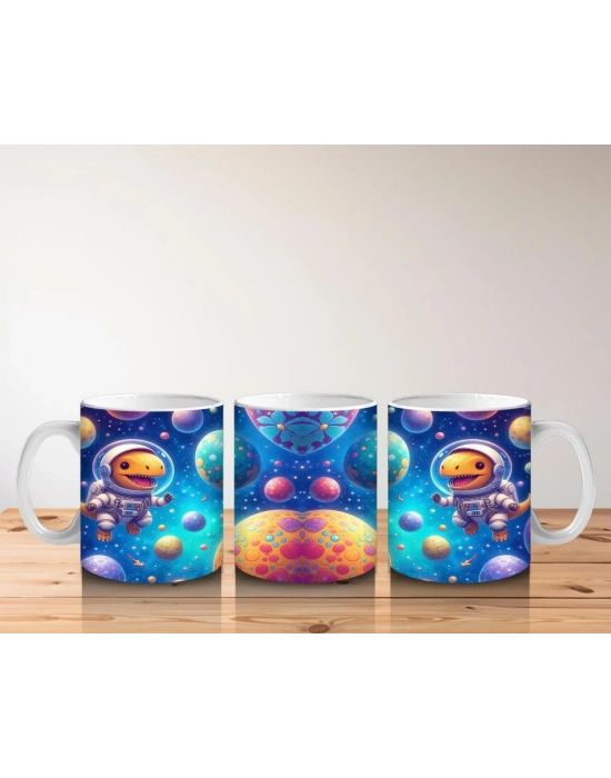 Çocuklara Sütü Sevdiren Renkli Gezegenler Arasında Yüzen Astronot Dinozor Desenli Kupa Bardak