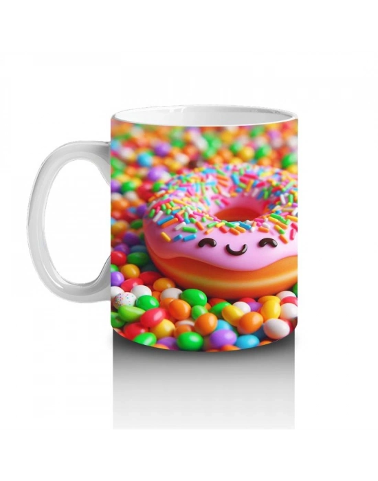 Çocuklara Sütü Sevdiren Renkli Şekerlemeler Arasında Gülümseyen Donut Desenli Kupa Bardak