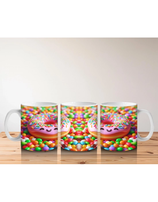 Çocuklara Sütü Sevdiren Renkli Şekerlemeler Arasında Gülümseyen Donut Desenli Kupa Bardak