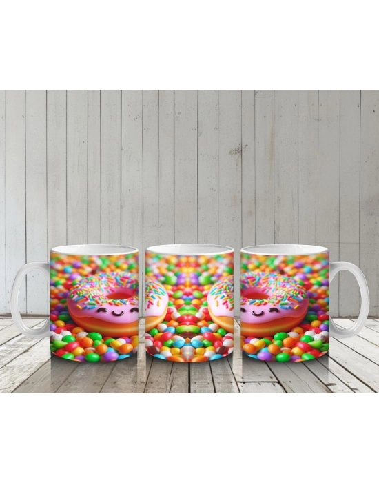 Çocuklara Sütü Sevdiren Renkli Şekerlemeler Arasında Gülümseyen Donut Desenli Kupa Bardak