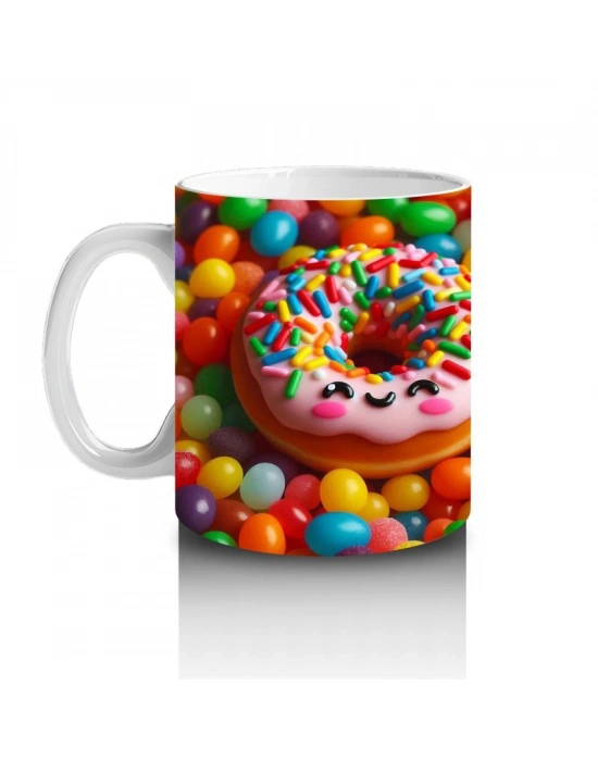 Çocuklara Sütü Sevdiren Renkli Şekerlerle Kaplı Gülümseyen Donut Desenli Kupa Bardak