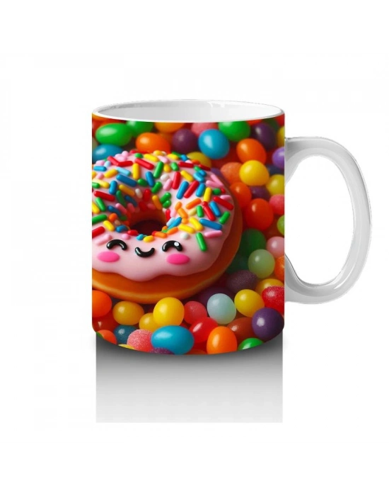 Çocuklara Sütü Sevdiren Renkli Şekerlerle Kaplı Gülümseyen Donut Desenli Kupa Bardak