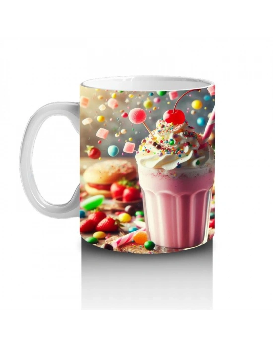 Çocuklara Sütü Sevdiren Renkli Şekerlerle Süslenmiş Milkshake Desenli Kupa Bardak