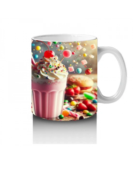 Çocuklara Sütü Sevdiren Renkli Şekerlerle Süslenmiş Milkshake Desenli Kupa Bardak