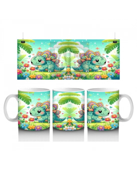 Çocuklara Sütü Sevdiren Renkli Stegozor Desenli Kupa Bardak