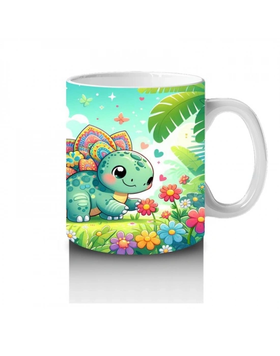 Çocuklara Sütü Sevdiren Renkli Stegozor Desenli Kupa Bardak