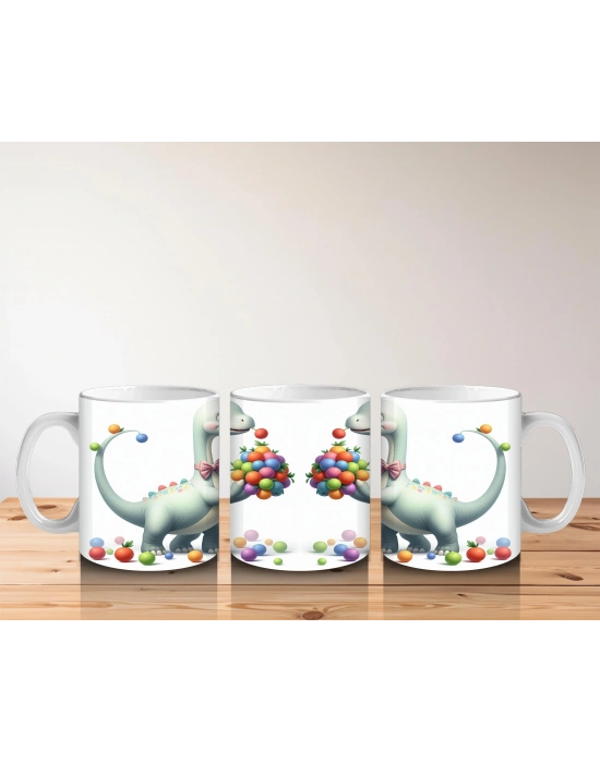 Çocuklara Sütü Sevdiren Renkli Toplarla Oynayan Sevimli Dinozor Desenli Kupa Bardak