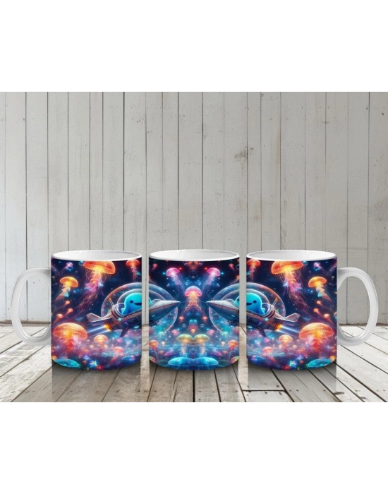 Çocuklara Sütü Sevdiren Roket Kullanan Sevimli Balina ve Denizaltı Dünyası Desenli Kupa Bardak