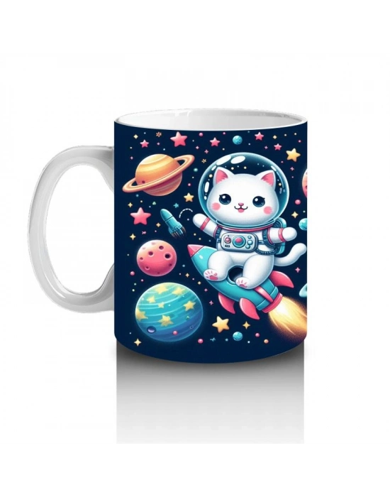 Çocuklara Sütü Sevdiren Roketle Uçan Astronot Kedi Desenli Kupa Bardak