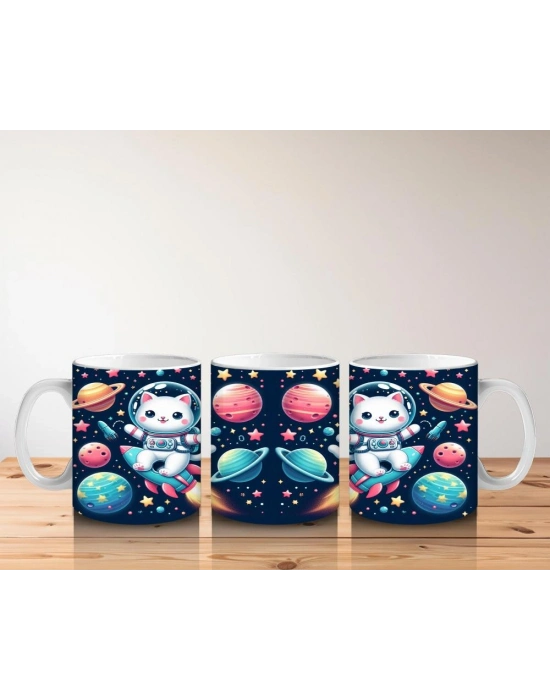 Çocuklara Sütü Sevdiren Roketle Uçan Astronot Kedi Desenli Kupa Bardak
