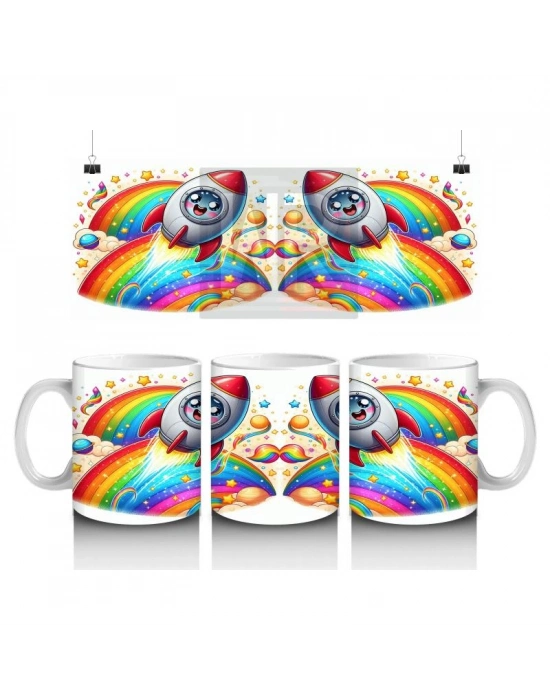 Çocuklara Sütü Sevdiren Roketli Gökkuşağı Kupa Bardak