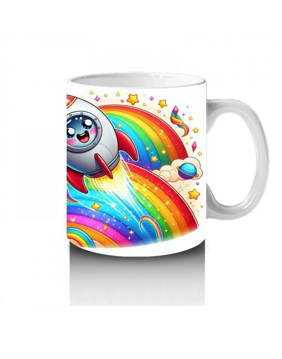 Çocuklara Sütü Sevdiren Roketli Gökkuşağı Kupa Bardak