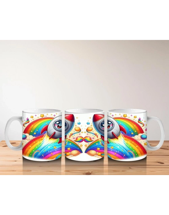 Çocuklara Sütü Sevdiren Roketli Gökkuşağı Kupa Bardak