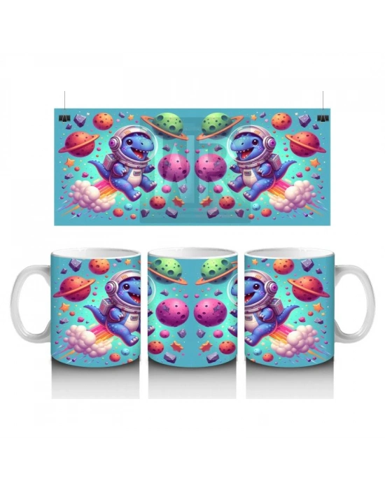 Çocuklara Sütü Sevdiren Roketli Uzay Dinozoru Desenli Kupa Bardak