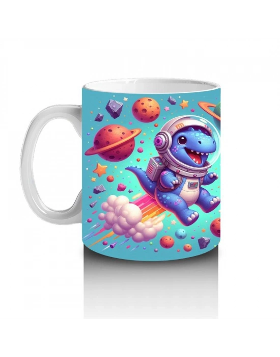 Çocuklara Sütü Sevdiren Roketli Uzay Dinozoru Desenli Kupa Bardak