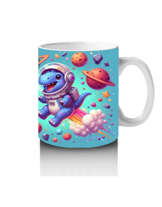 Çocuklara Sütü Sevdiren Roketli Uzay Dinozoru Desenli Kupa Bardak