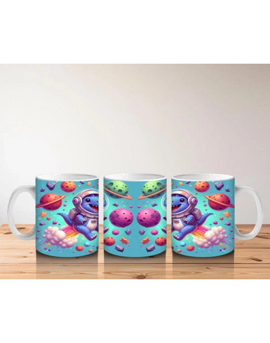 Çocuklara Sütü Sevdiren Roketli Uzay Dinozoru Desenli Kupa Bardak