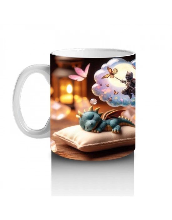 Çocuklara Sütü Sevdiren Rüya Gören Minik Ejderha ve Kahraman Masalı Desenli Kupa Bardak