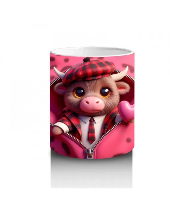 Çocuklara Sütü Sevdiren Şapkalı Sevimli Buzağı Desenli Kupa Bardak